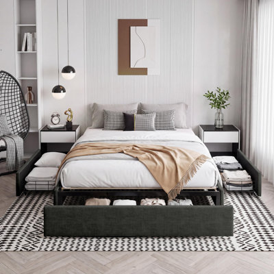 Cadre de lit double avec 3 tiroirs de rangement sous le lit, gris foncé
