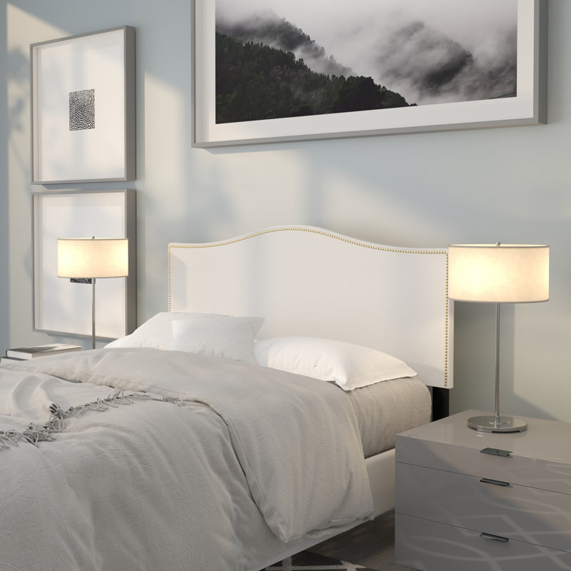 Fitzsimmons Arched Upholstered Headboard with Accent Nail Trim, White, Full