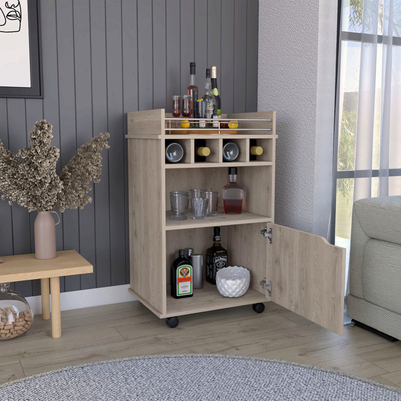 Chariot-bar Phoenix avec 2 tablettes ouvertes, 4 casiers et une armoire, Beige