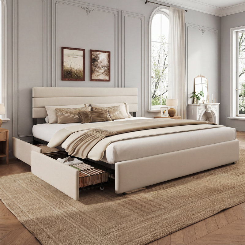 Candler Modern Bed With 4 Storage Drawers And Headboard, Velvet Upholstered Platform Bed, Sturdy Metal & Wooden Slats Support, No Box Spring Needed, Easy Assembly