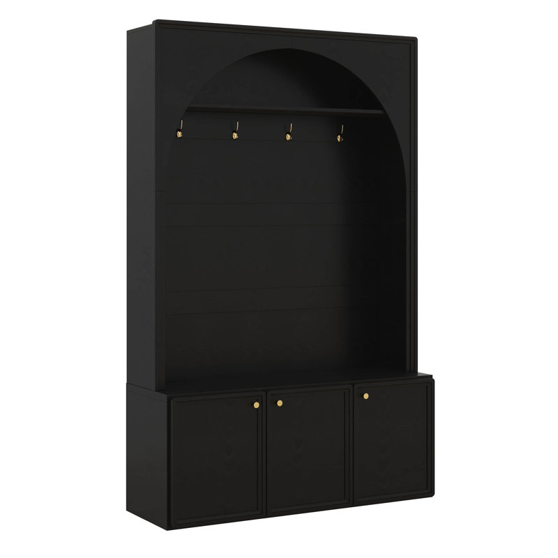 Arched Mudroon Coat Rack With Storage Bench, Hall Tree With 4 Golden Hooks, 3 Cabinets And Adjustable Shelves, Black