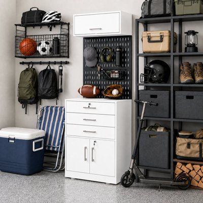 Armoire de rangement pour garage (H 78,9 po x l 26,7 po x P 20,5 po), organisateur d'outils avec panneau perforé, 3 tiroirs et base verrouillable à 2 portes