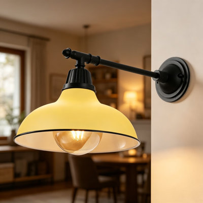 Matte Yellow and Black 1-Light Industrial Farmhouse Outdoor Sconce, Iron Wall Light with Metal Bowl Shade, Vintage LED Porch Lamp for Entryway Patio Kitchen