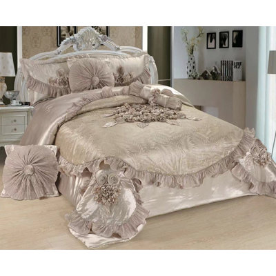 Ferndale 6-Piece Champagne Beige Floral Satin Comforter Set - Victorian Vintage Style