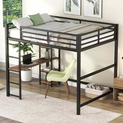 Lit mezzanine double en métal avec bureau intégré et tablettes de rangement
