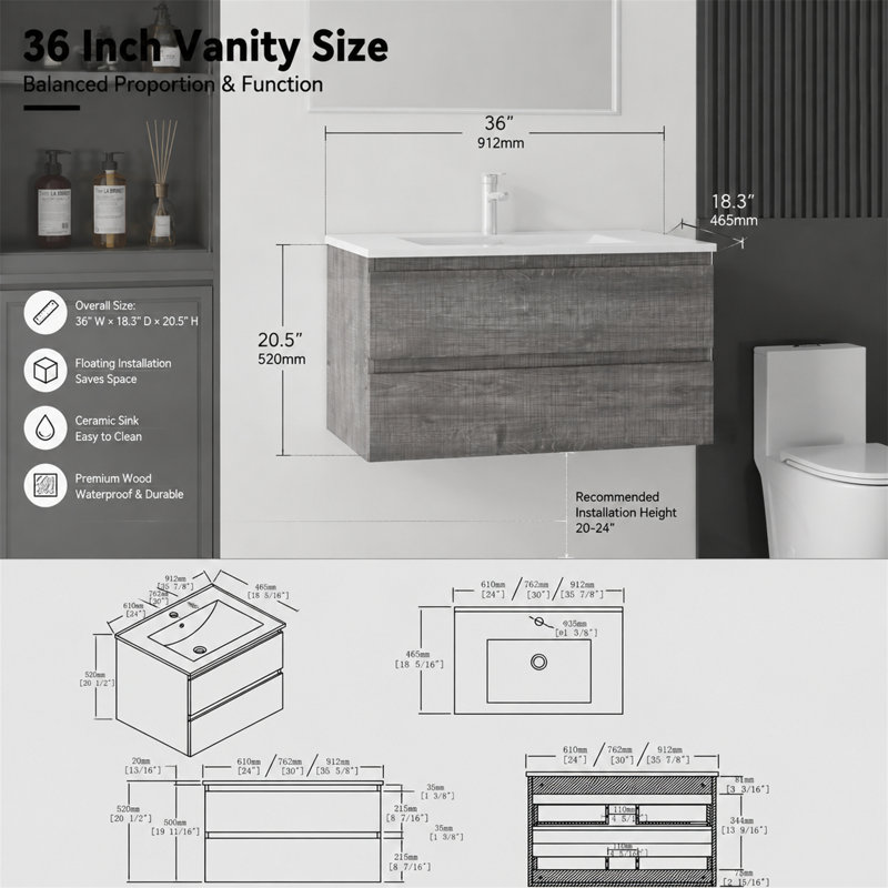Meuble-lavabo mural suspendu de 36 pouces, Gris