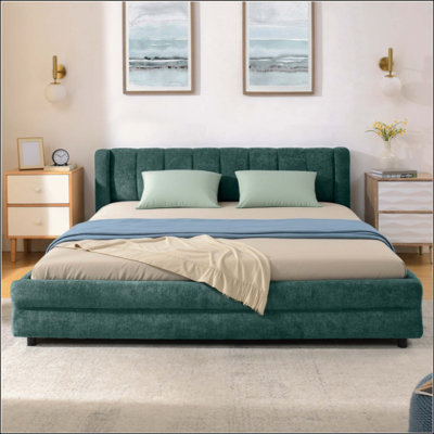 Cadre de lit rembourré avec tissu épais, cadre de lit rembourré confortable, tissu chenille, avec tête de lit et cadre de lit uni