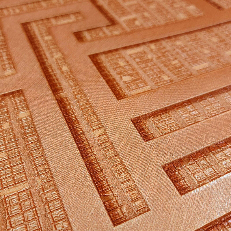 Versace Orange Red Copper Metallic Greek Key Lines Textured Wallpaper 3d