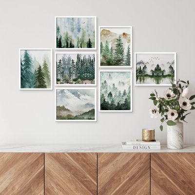 «Aquarelle vert foncé, forêt, pins, paysages, nature sauvage» 7 pièces sur papier
