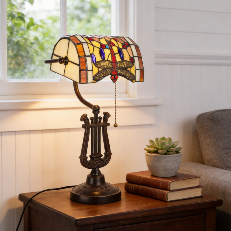 14" Vintage Tiffany Bankers Lamp With Dragonfly Stained Glass Shade (Bulb Include)