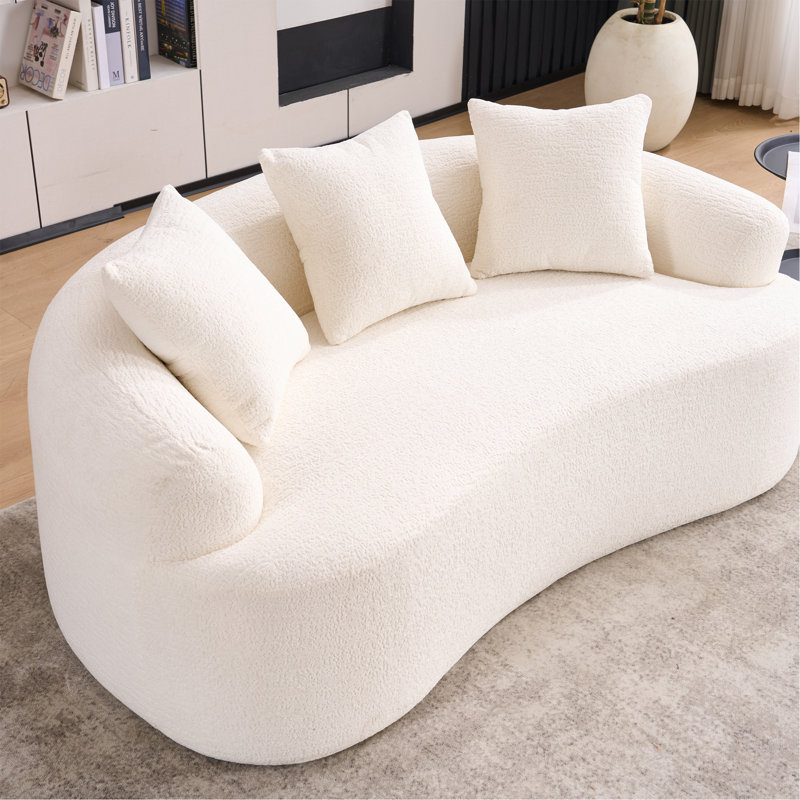 Canapé courbé en éponge à compression complète blanc, canapé compact en chenille 30D sans assemblage pour petits espaces et appartements, L 65 po, 300 lb, 3 coussins