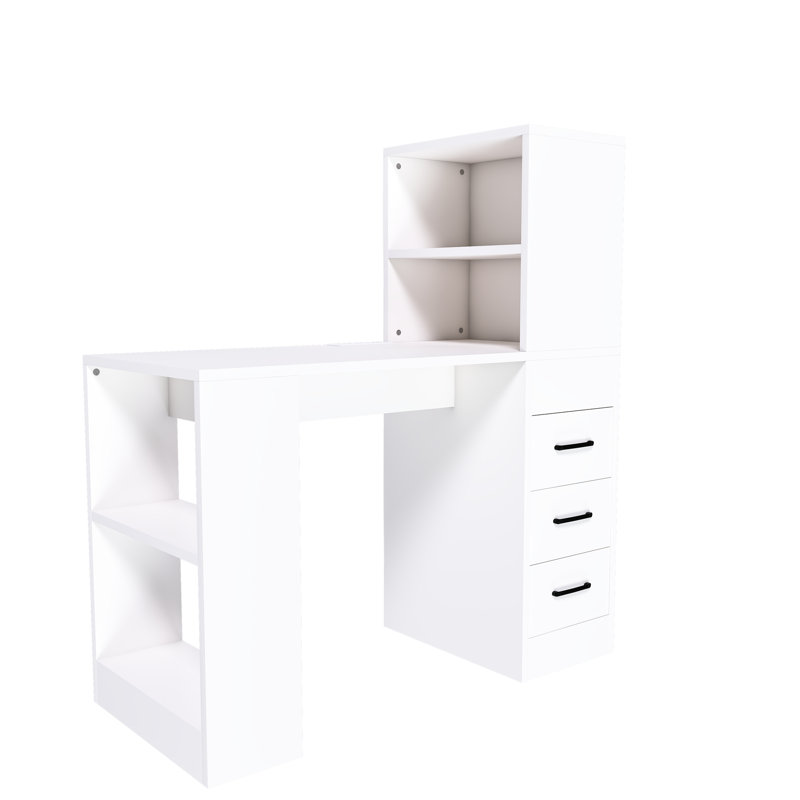 Bureau ergonomique blanc avec 41 prises de charge et table d'ordinateur 3 tiroirs