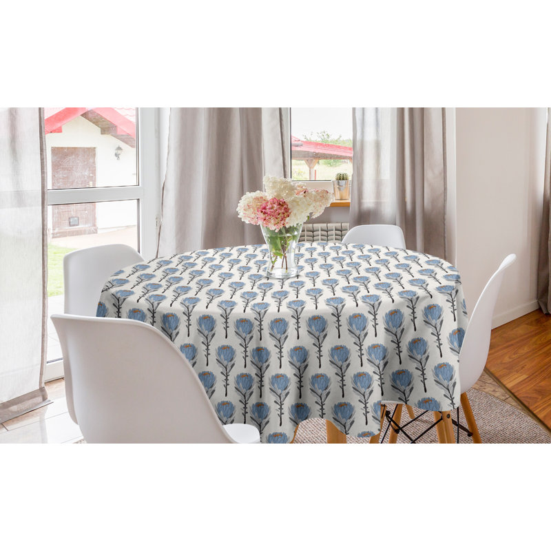 Ambesonne Dusty Blue Round Tablecloth, Vintage Hand Drawn Protea Flowers Nature Theme, Circle Table Cloth Cover For Dining Room Kitchen Decoration, 60", Ivory Blue Grey