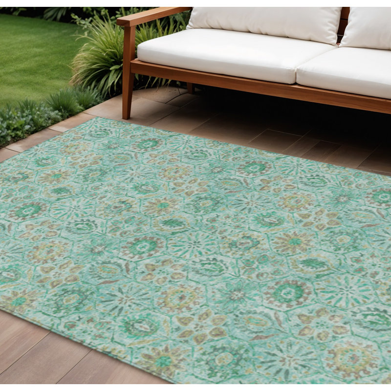 Tapis intérieur / extérieur lavable floral 8 pi x 10 pi turquoise et beige