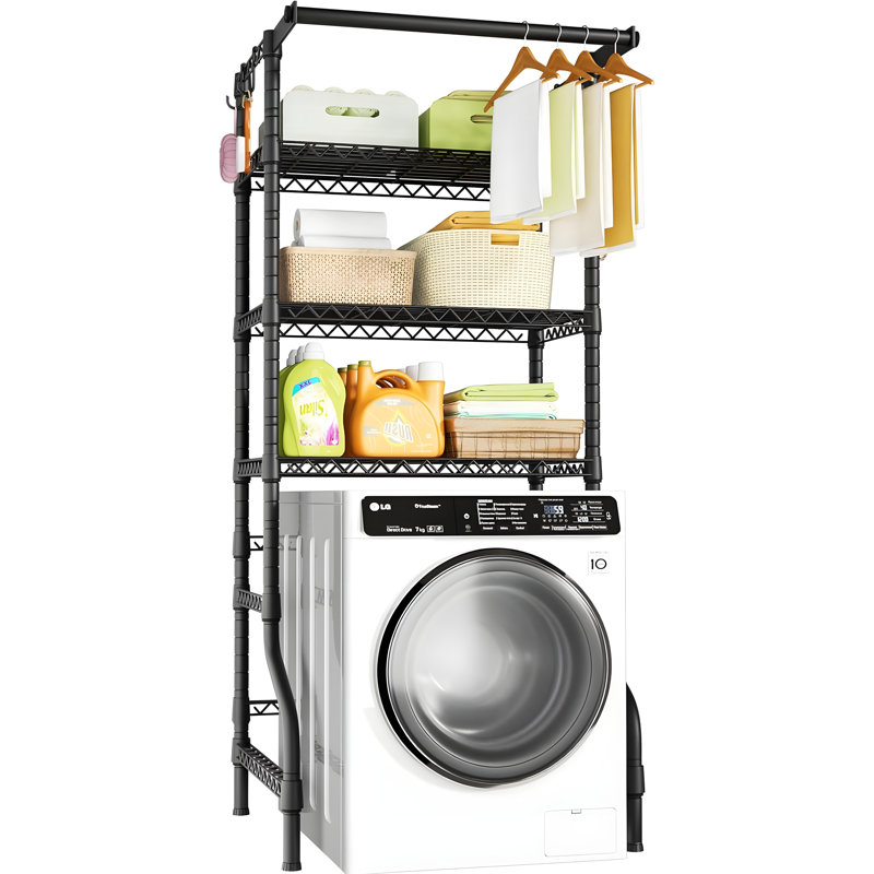 3-tier Over Washer And Dryer Shelf With Clothes Drying Rod, Freestanding Laundry Room Storage Organizer With Adjustable Wire Shelves And Leveling Feet, Heavy-duty Metal Construction