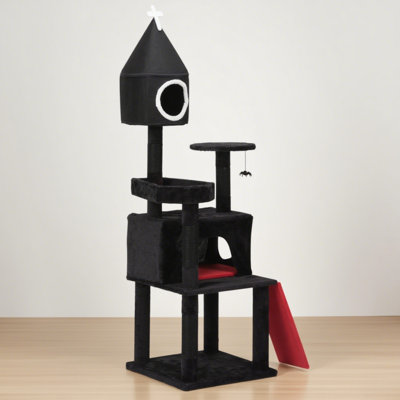 Gothic Cat Tree With Coffin Bed - 64in Black Tower, Condo, Sisal Scratching Posts, Perch & Toy - Indoor Cat Furniture