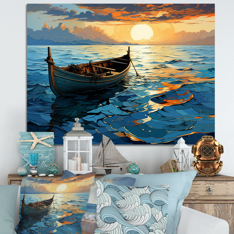 Coucher de soleil sur un bateau en mer - Bateau côtier, art mural, Toile tendue, H 24 po x l 32 po x P 1 po