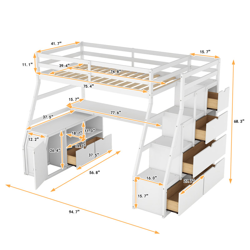 Lit mezzanine simple avec 7 tiroirs, 2 tablettes et bureau - Blanc, Lit simple, Blanc