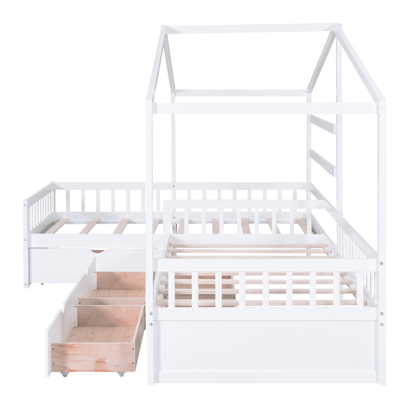 Lit plateforme House avec trois tiroirs de rangement, Blanc
