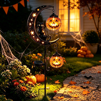 Halloween Solar Lights Outdoor, Black Cat Pumpkin & Moon Garden Stake Light with Hanging Pumpkin Lantern, Waterproof Halloween Decorations for Yard, Pathway, Patio [Energy Class A+]