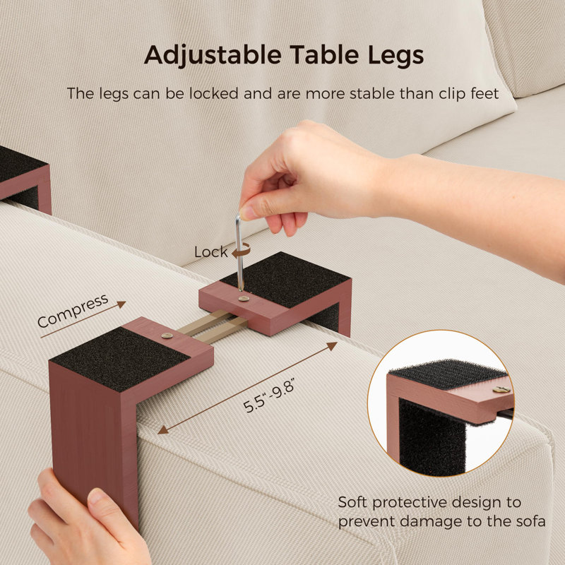 Rose Brown Sofa Armrest Tray With Storage Box, Bamboo Couch Arm Table With 360° Rotating Tabletop And Phone Stand, Adjustable Sofa Arm Clip Table