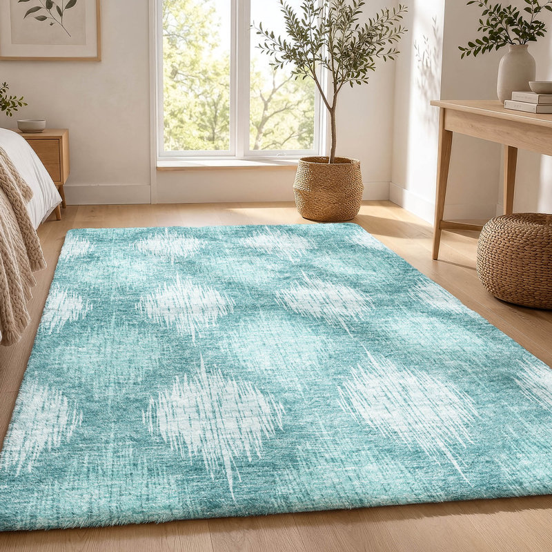 Tapis Ikat ADS849 de qualité supérieure lavable à la machine, Sarcelle, 3 pi x 5 pi