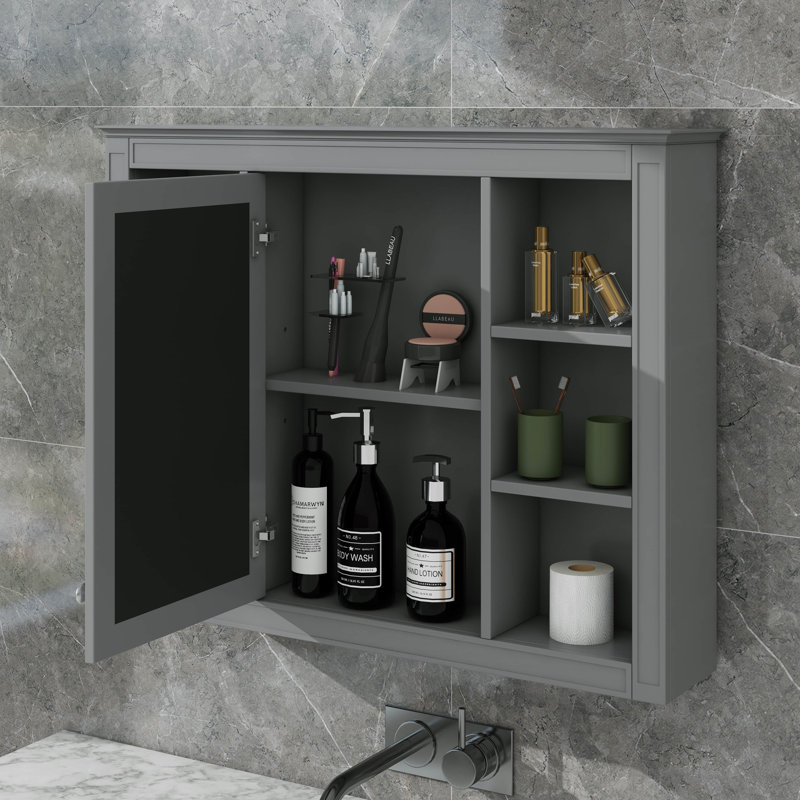 Armoire à pharmacie murale 35 po x 27,5 po avec miroir et 6 tablettes ouvertes, Gris