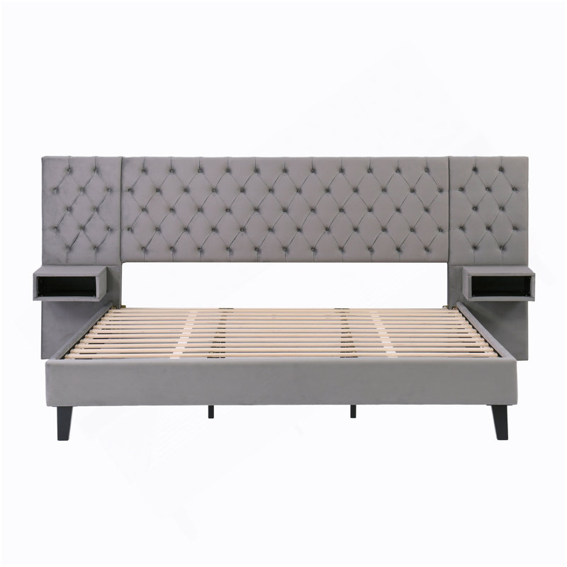 Lit plateforme très grand avec tête de lit, lit plateforme tapissier en velours moderne avec 2 tables de chevet, capitonné à motif de losanges, gris