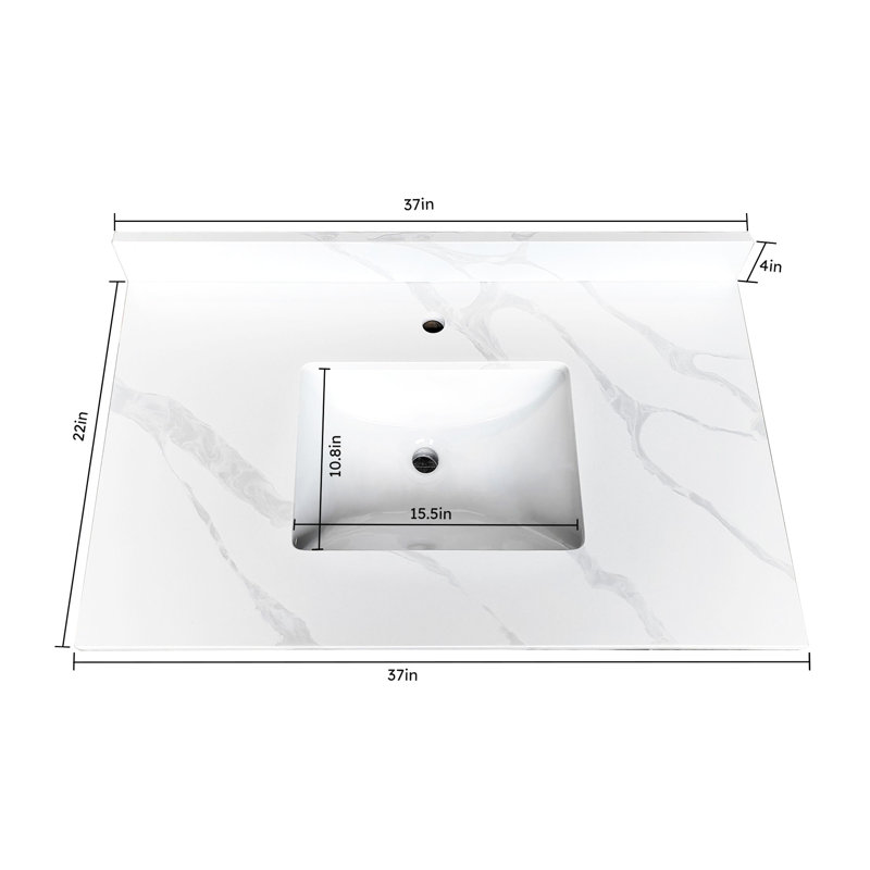 Comptoir de salle de bain en quartz de 37 pouces avec lavabo encastré, dosseret de 4 pouces de hauteur, 1 trou de robinet pré-percé, comptoir de salle de bain blanc facile à installer, parfait pour les invités