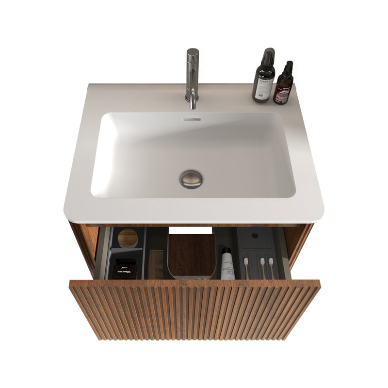 Meuble-lavabo 24 po en noyer rayé avec lavabo à surface solide blanc, meuble-lavabo mural flottant pour salle de bain moderne, pré-assemblé