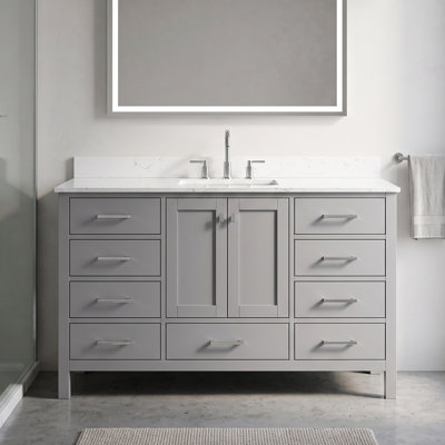 Meuble-lavabo de 54 po en bois massif gris avec lavabo et armoire de rangement