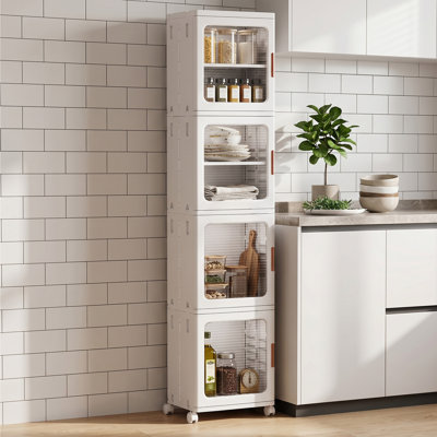 Armoire de rangement pliante étroite à 4 niveaux, organisateur de rangement en plastique empilable de 168 pte avec portes magnétiques, tablettes et roues réglables