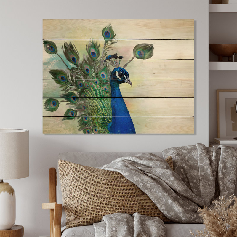 Portrait de paon - peinture sur bois sans cadre, H 30 po x l 40 po x P 1 po