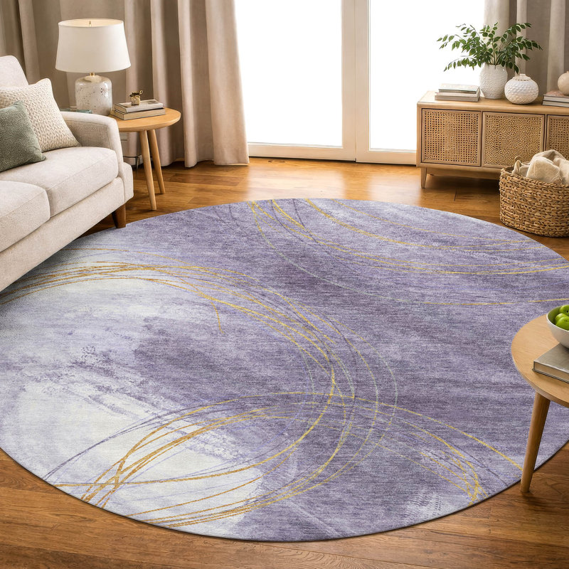 Premium Machine Washable Mayfield AMF2396 Abstract Rug, 8' Round, Purple