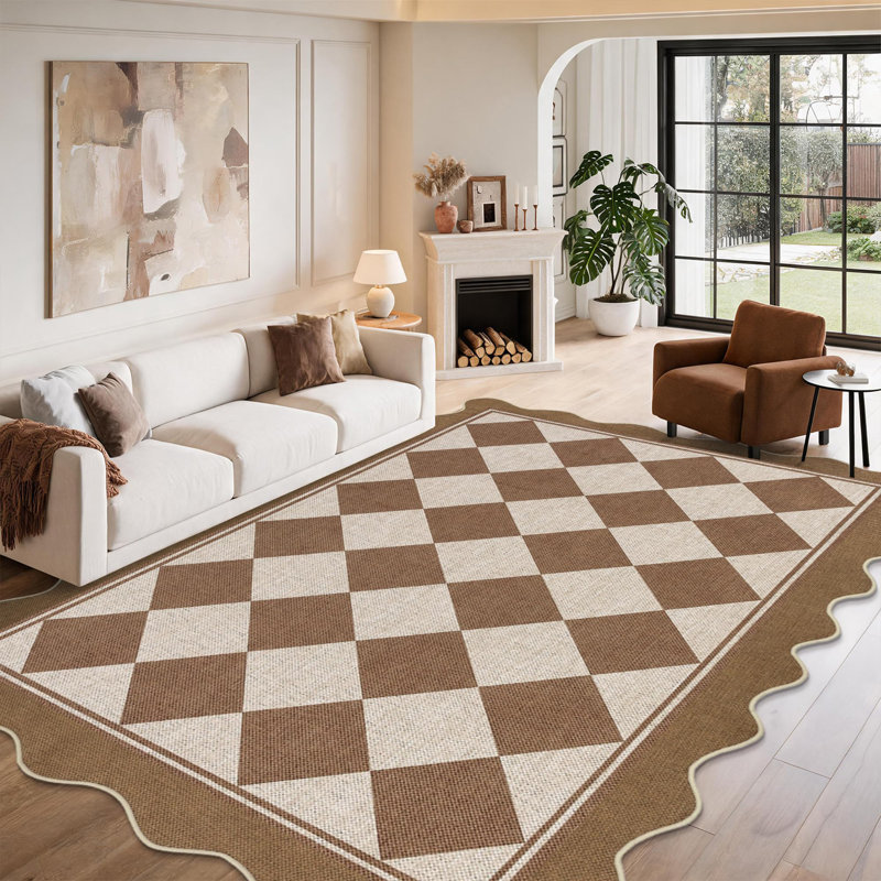 Tapis intérieur/extérieur à carreaux festonné, Brun, 6 * 9 pi
