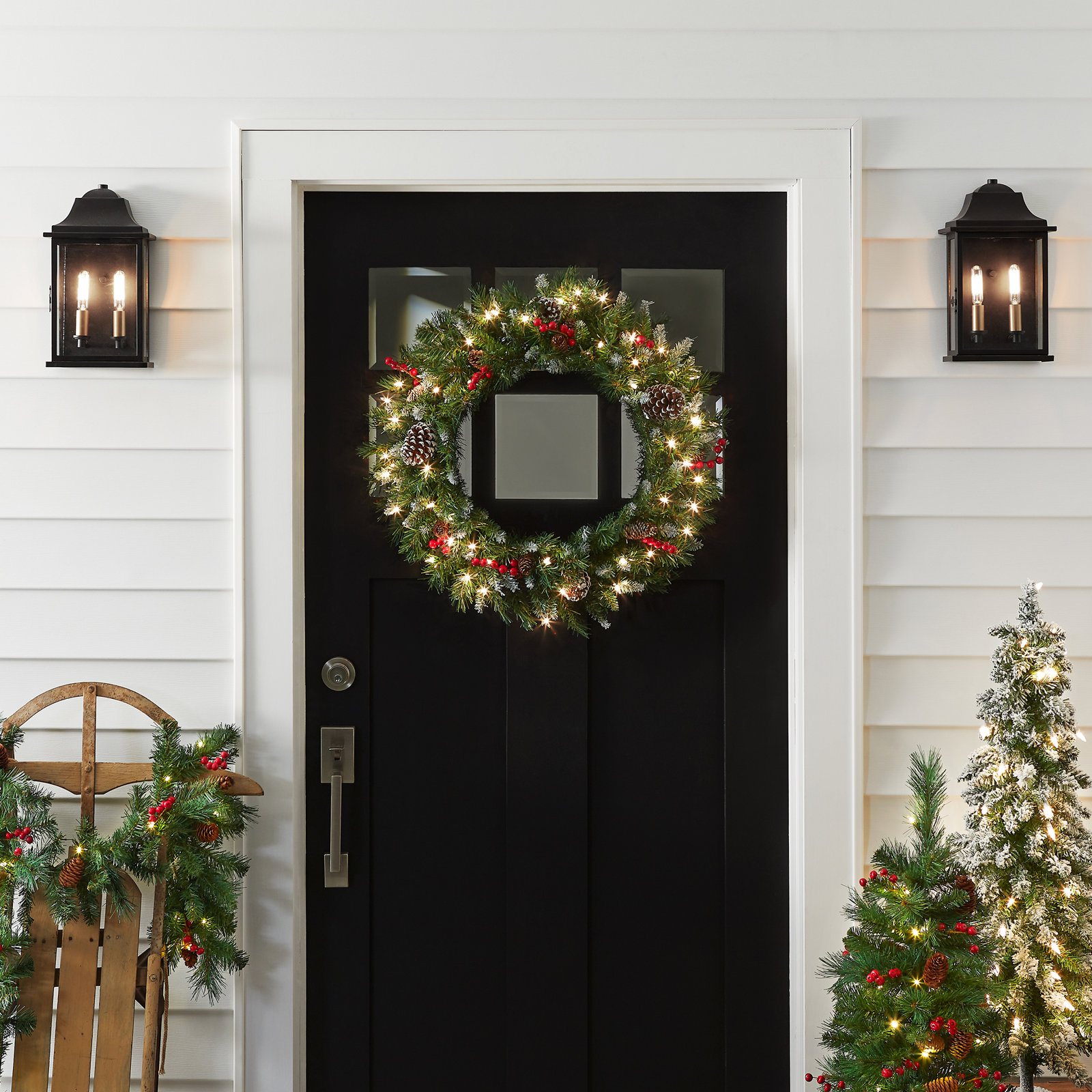 The Holiday Aisle® Frosted Berry Wreath with Clear Lights, 24" H x 24" W x 6" D