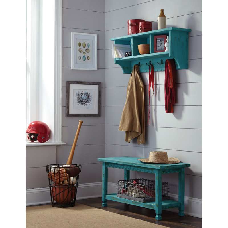 Ensemble de manteau mural en bois avec 3 compartiments et banc Jodh, Bleu