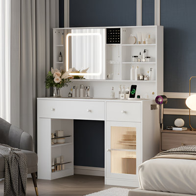 Lighted Vanity Table - LED 3-Color Touch Mirror, Glass Top, 2 Drawers