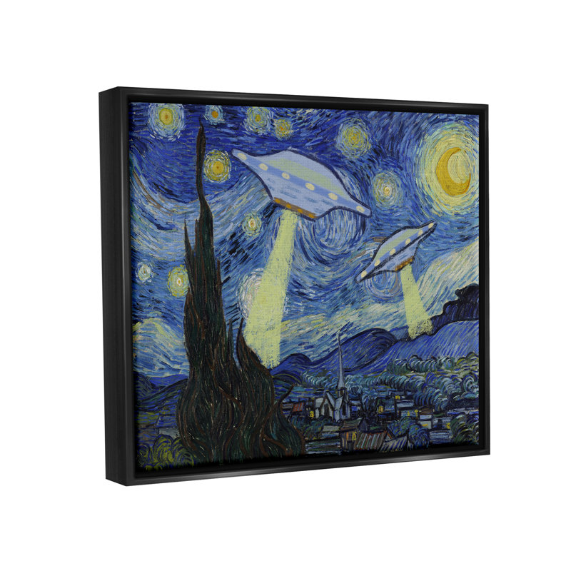 «Starry Night Classic Alien UFOs» par Lil 'Rue, impression, H 25 po x l 31 po x P 1,7 po, Cadre flottant noir de jais