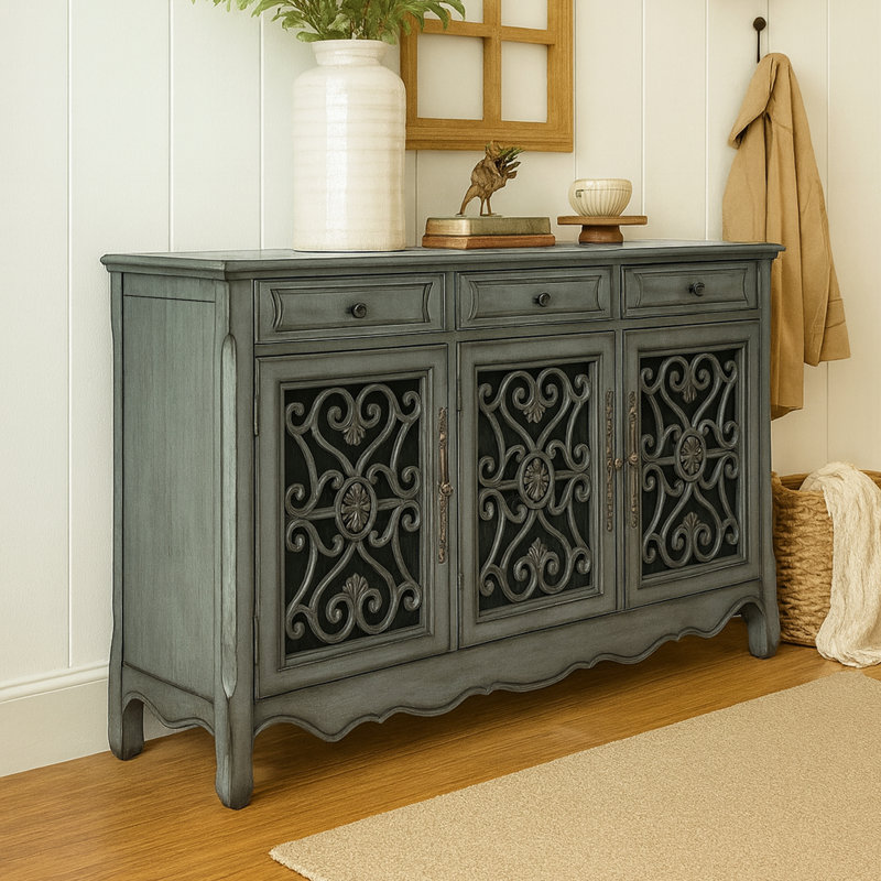 Buffet en bois à trois tiroirs Ferrier, Gris vert capot
