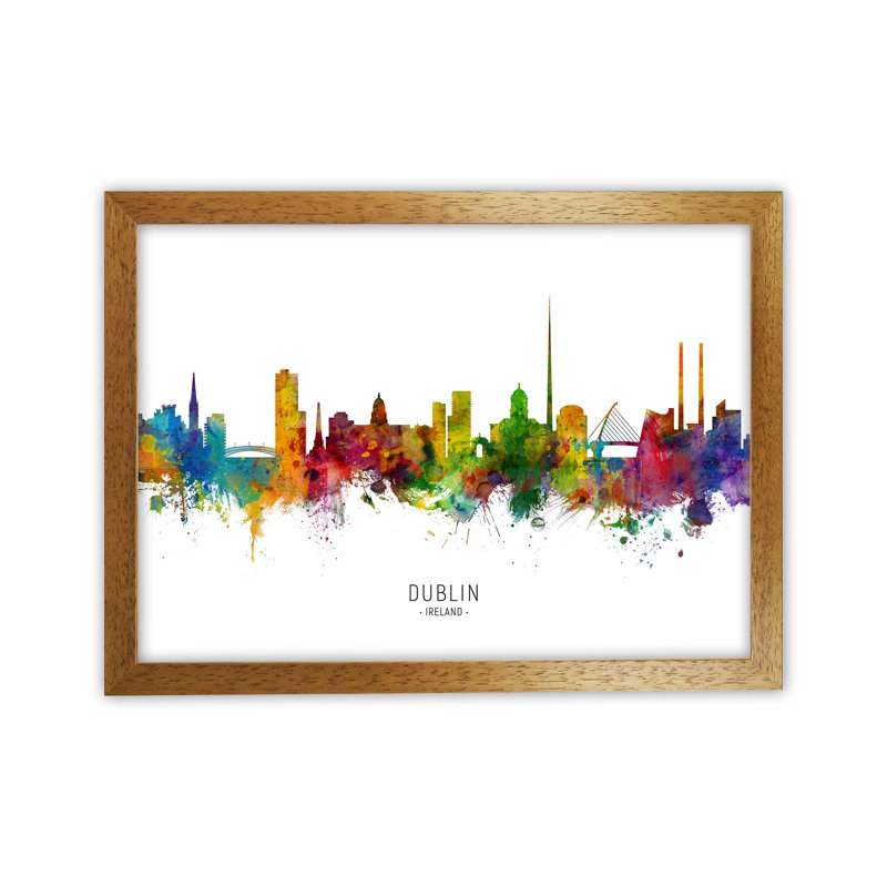 Dublin Ireland Skyline by Michael Tompsett - Print, 64cm H x 88cm W x 3cm D, Brown Framed