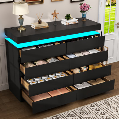 Commode 8 tiroirs pour chambre à coucher avec station de charge, lumière DEL