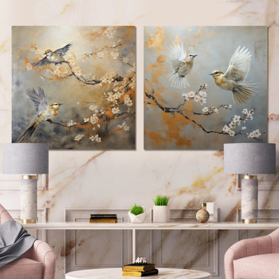 Gold And Grey Birds Floral Serenity I - Bird Canvas Wall Art Set Of 2