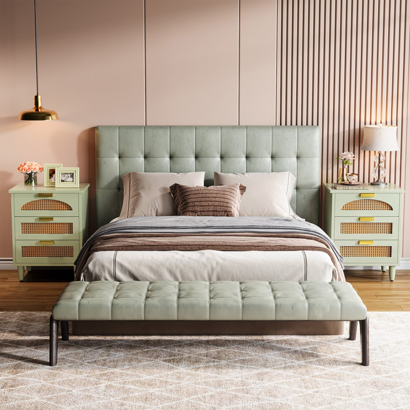 3-Drawer Rattan Nightstand Green, Individuel