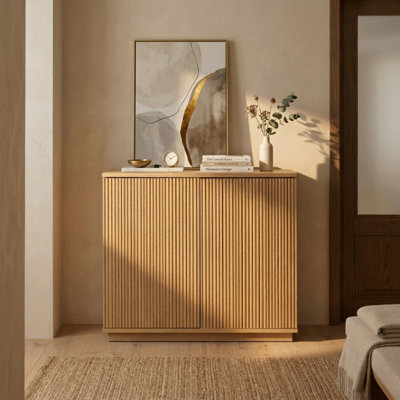 NTC VEIL 2 Door Storage Cabinet, Solid Wood Accent Cabinet with Vertical Fluted Doors, Modular Storage System, Expandable Cabinet for Living Room & TV Stand, Easy Assembly, Sand