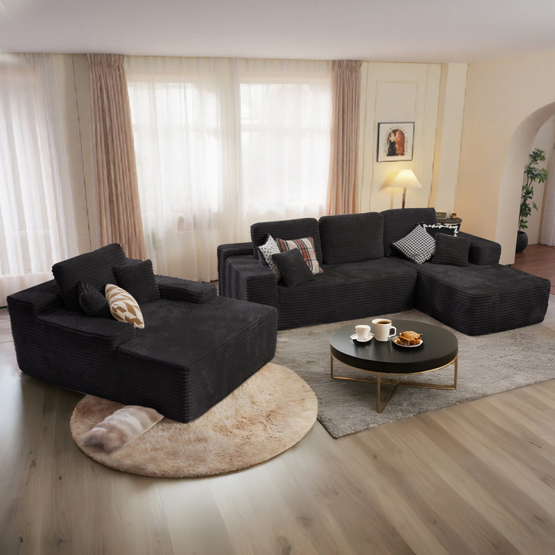 Canapé modulaire en velours côtelé avec causeuse et méridienne 3 pièces sans assemblage Seren, Orienté à droite, Noir