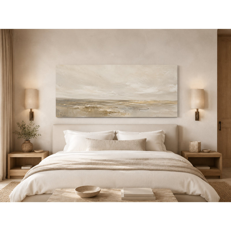 Paysage côtier abstrait beige et gris enveloppé Ingeburg, L 55 po x H 27,5 po x P 1,5 po