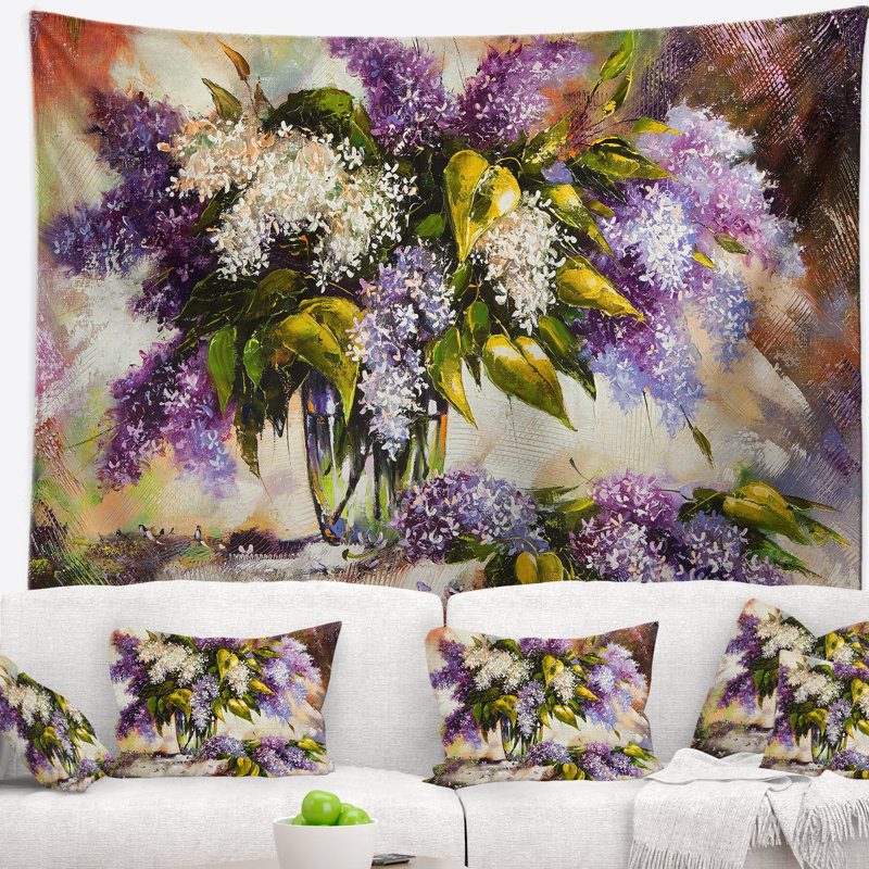 Tapisserie florale lilas dans un vase, H 50 po x l 60 po