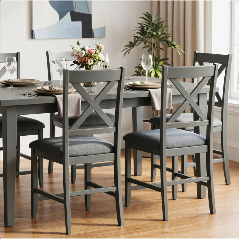 Gracie Oaks Solid Wood Bar Stools - Straight-Leg Farmhouse Stools with Upholstered Seats, Gray Seat/Gray Frame