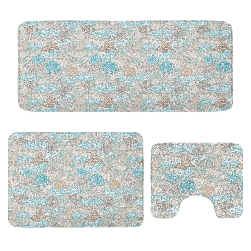  Nautical Bathroom Rug Set 3 Pieces U-Shape & Rectangle Mats Tan Turquoise White